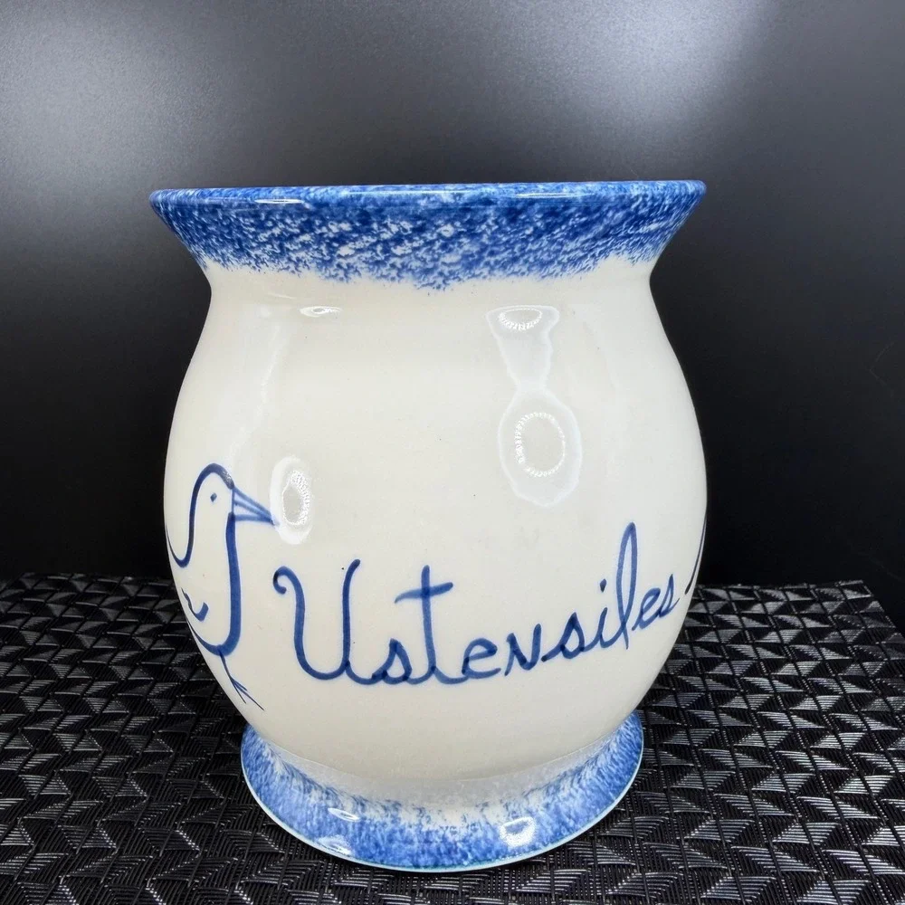 Lebeau‎ et Weilbrenner Poterie Ceramic Utensil Crock Blue White Bird Ustensiles